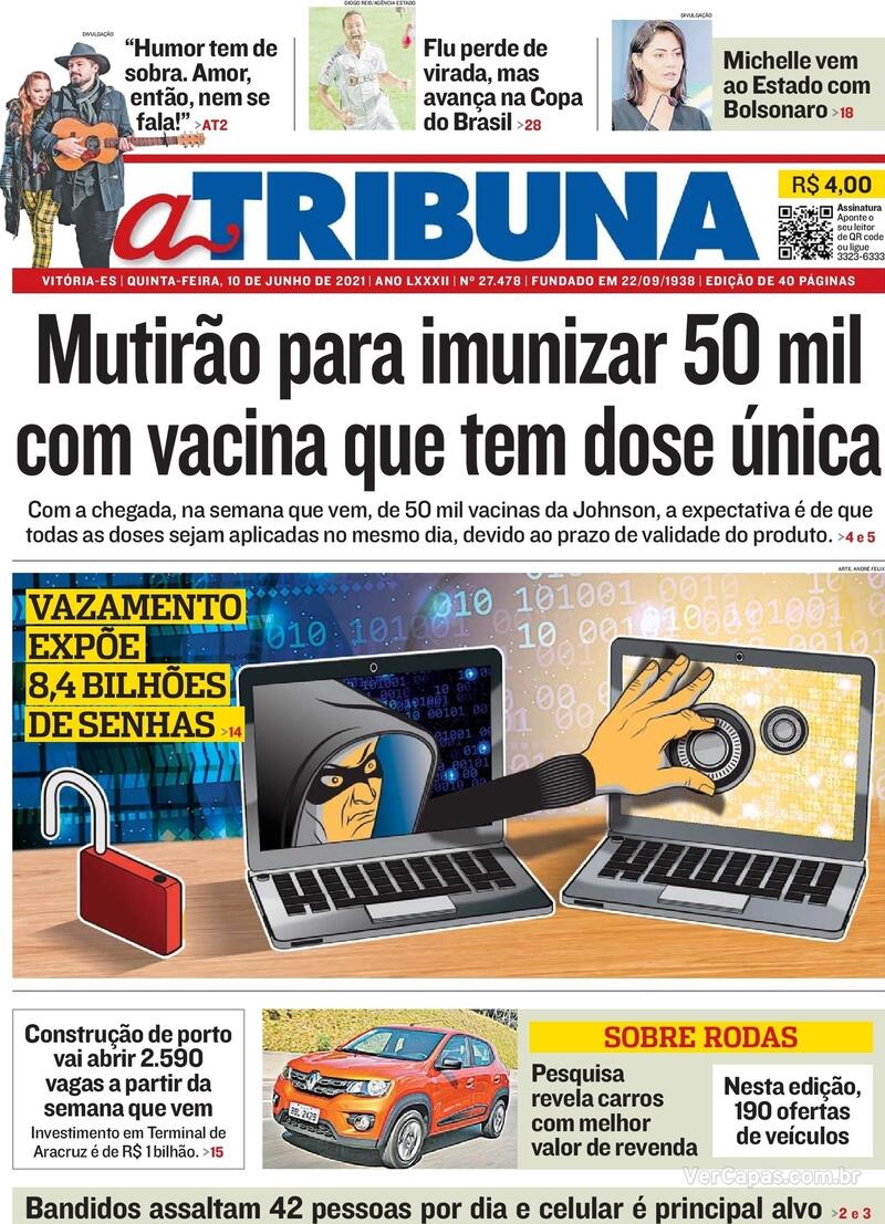 Capa A Tribuna Edição Quinta 10 de Junho de 2021