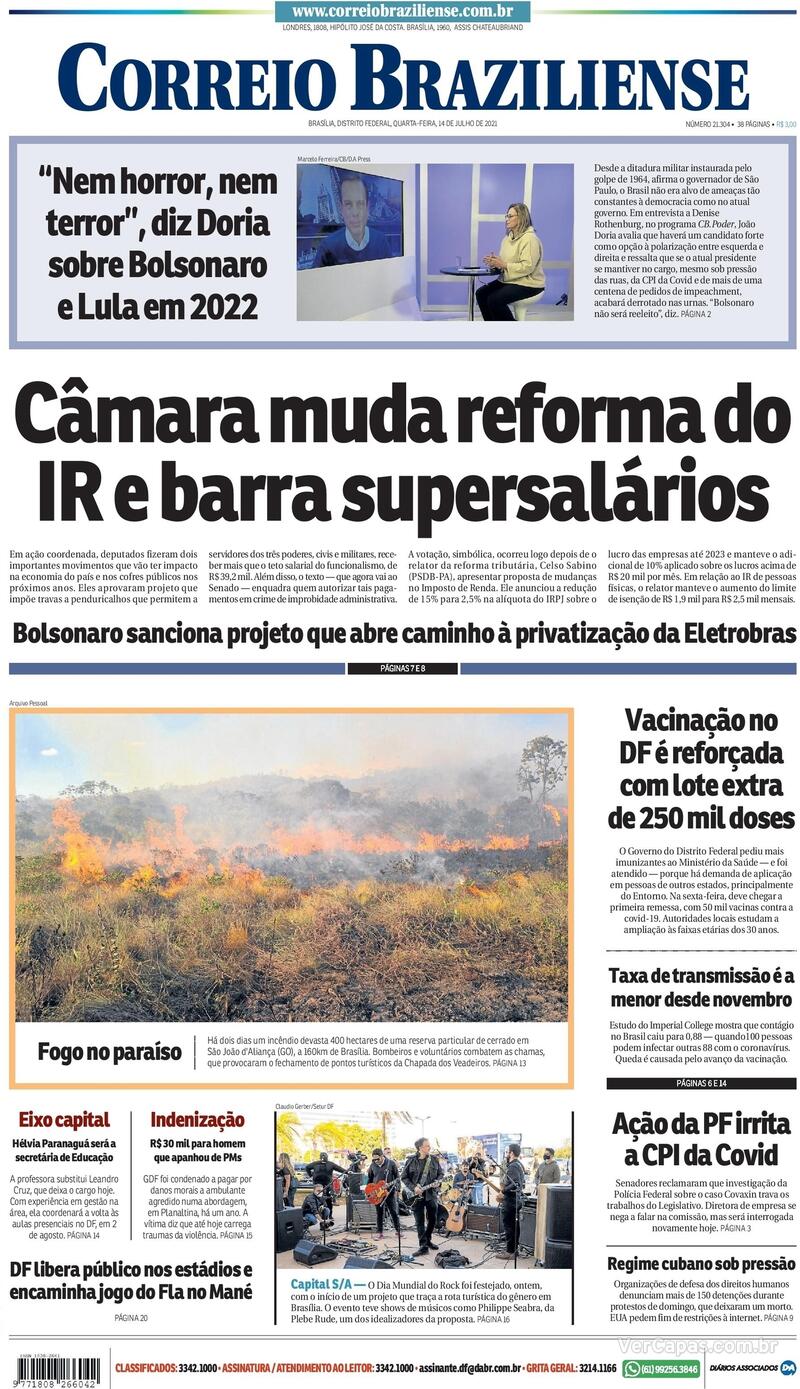 Capa Correio Braziliense Edição Quarta 14 de Julho de 2021