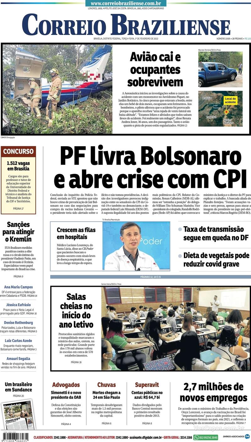 Capa Correio Braziliense Edição Terça 1 de Fevereiro de 2022