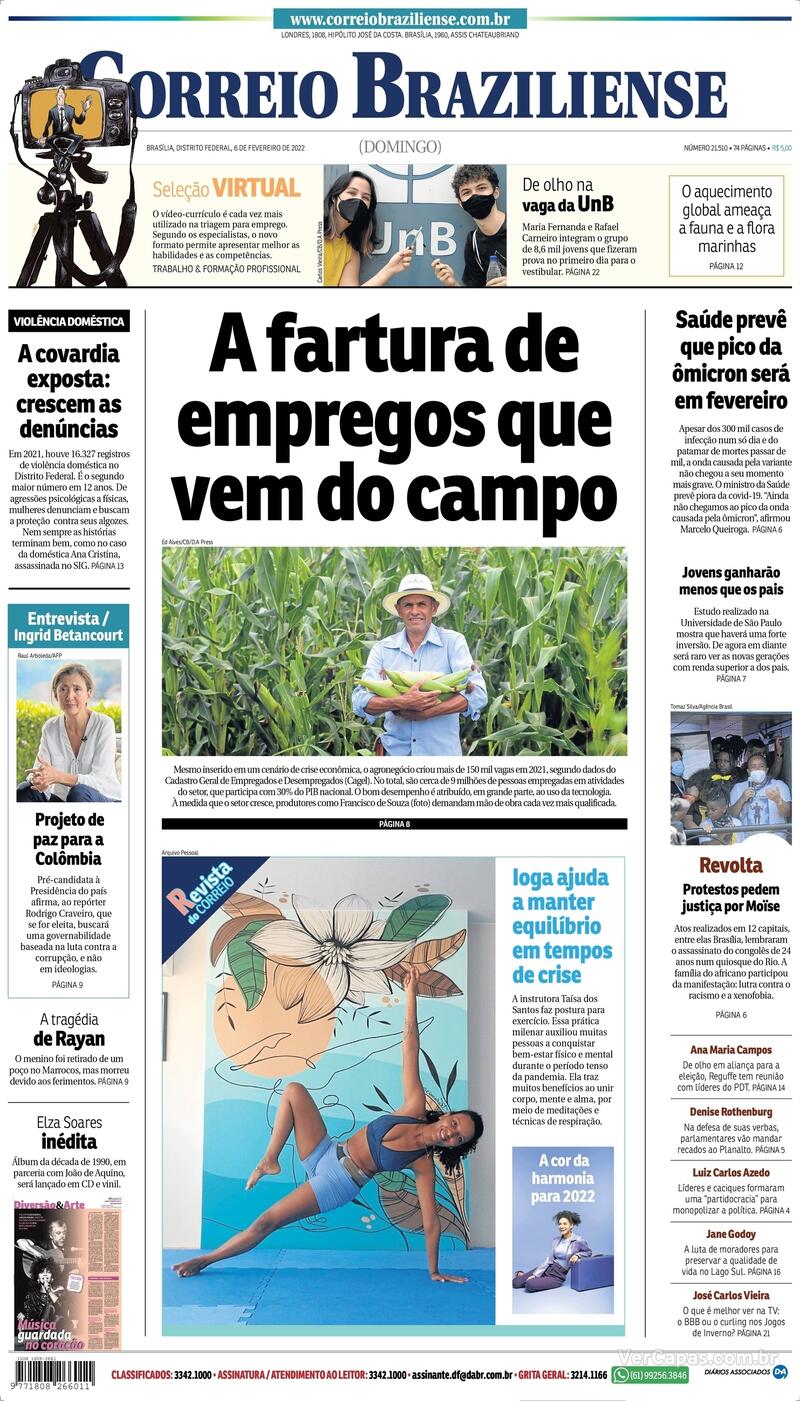 Capa Correio Braziliense Edição Domingo 6 de Fevereiro de 2022