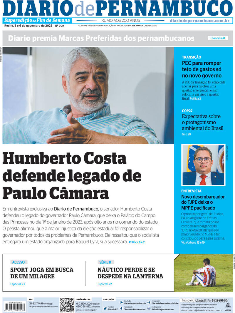 Capa Diario de Pernambuco Edição Terça 18 de Outubro de 2022