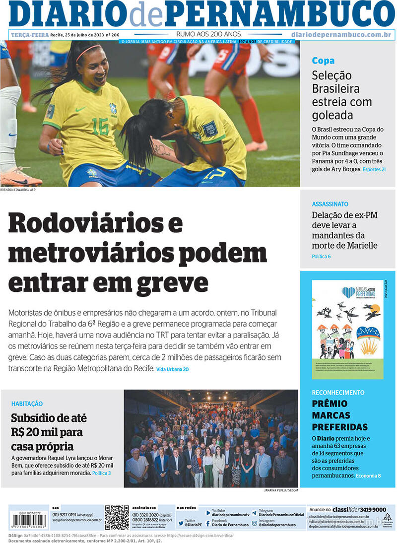 Capa Diario De Pernambuco Ter A De Agosto De