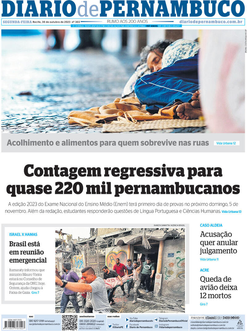 Capa Diario de Pernambuco Edição Segunda 30 de Outubro de 2023