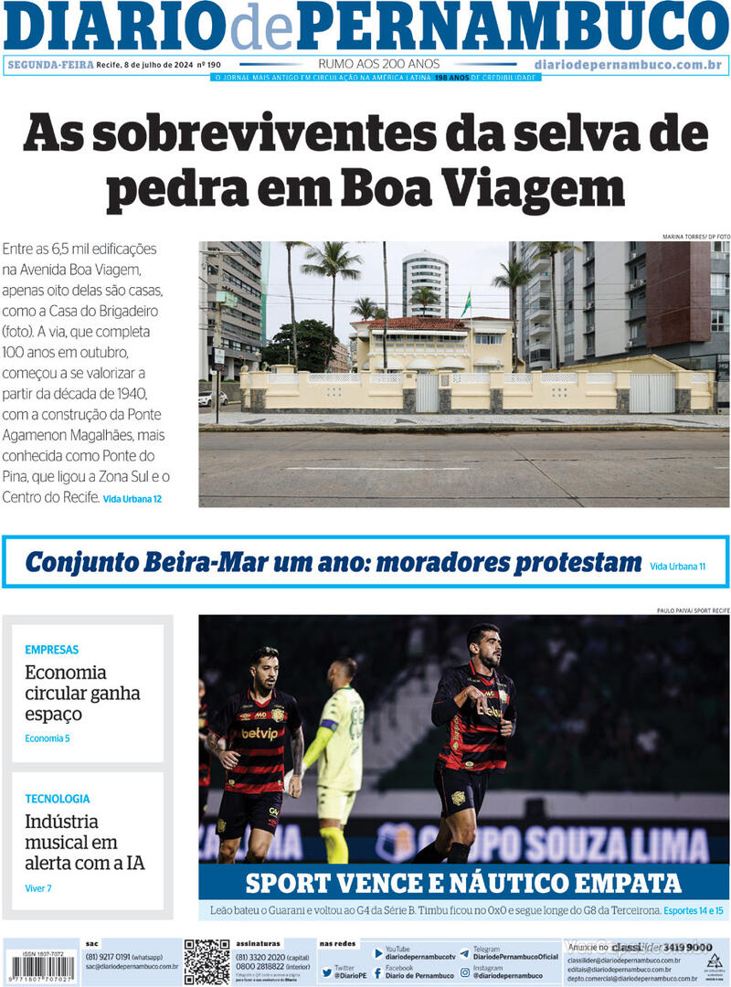 Capa Diario de Pernambuco Edição Segunda 8 de Julho de 2024