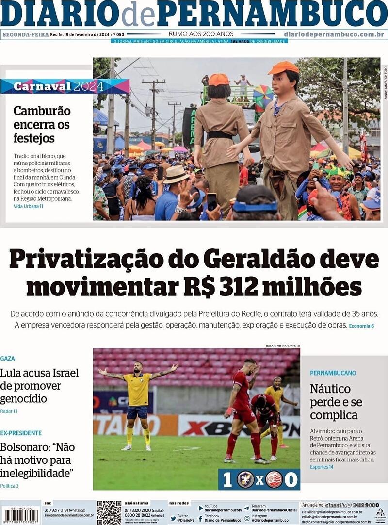 Capa Diario de Pernambuco Edição Segunda 19 de Fevereiro de 2024