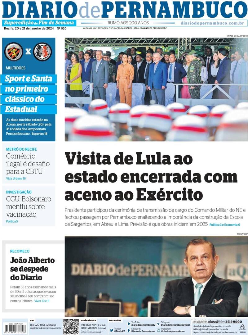 Capa Diario de Pernambuco Edição Sábado 20 de Janeiro de 2024