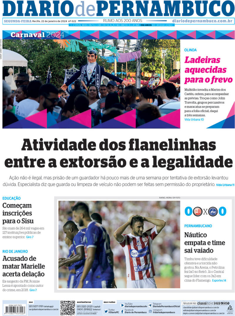 Capa Diario De Pernambuco Edi O Segunda De Janeiro De