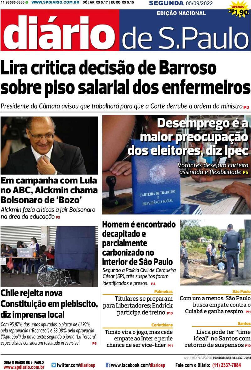 Capa Diário de São Paulo Domingo 7 de Agosto de 2022