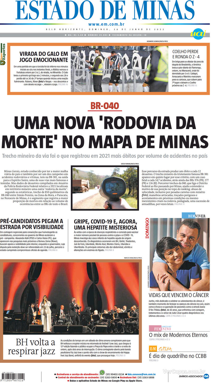 Capa Estado de Minas Edição Domingo 26 de Junho de 2022