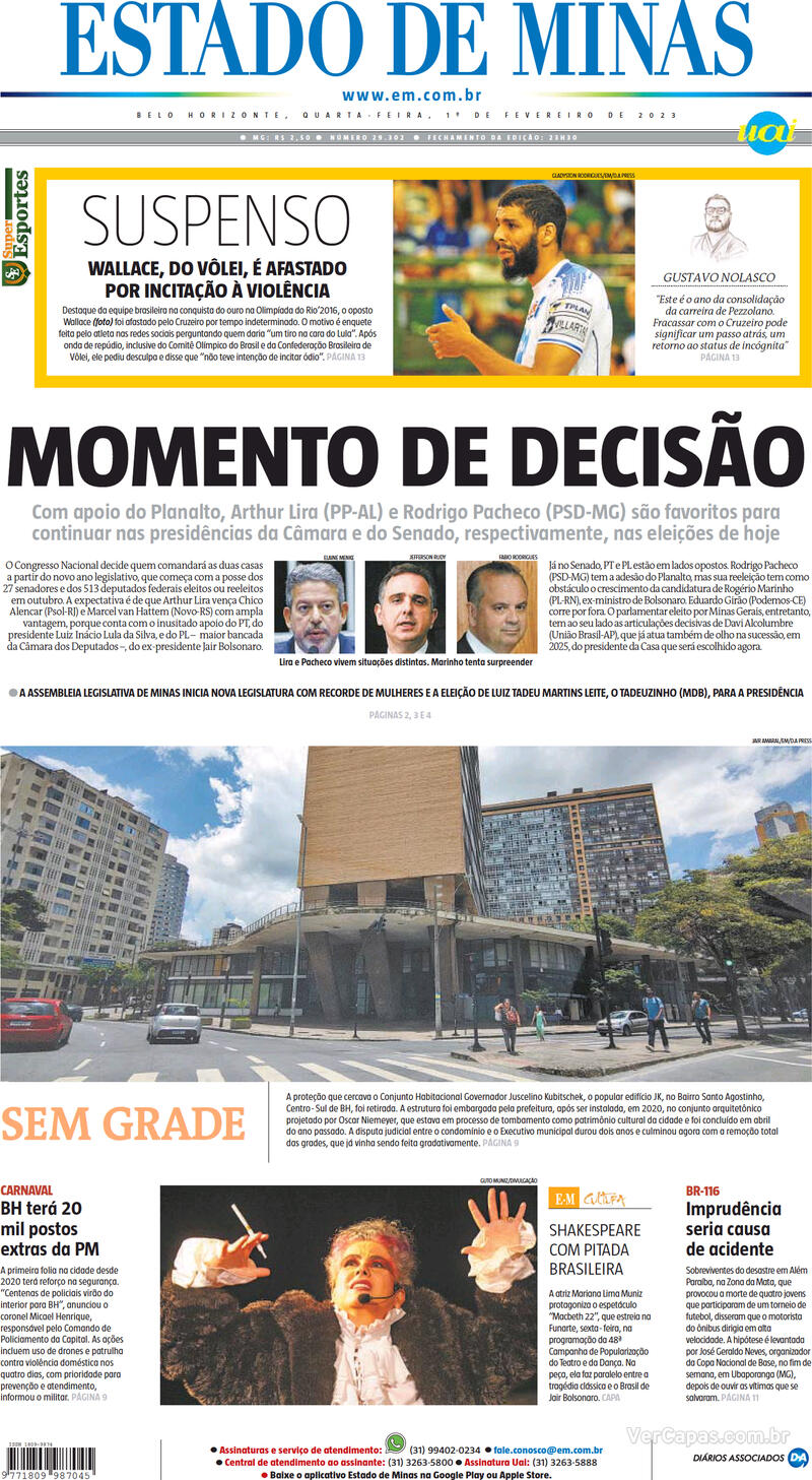 Capa Estado de Minas Edição Quarta 1 de Fevereiro de 2023