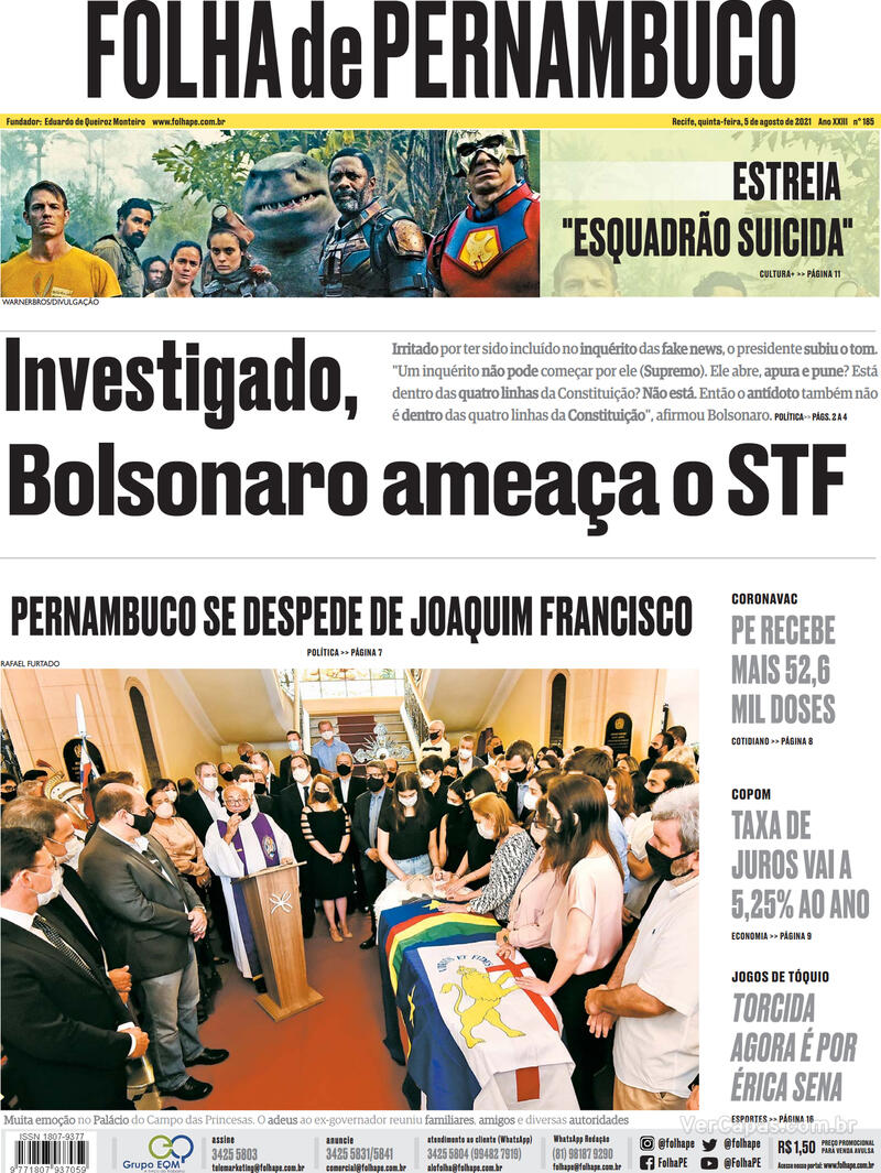 Capa Folha de Pernambuco Edição Quinta 5 de Agosto de 2021