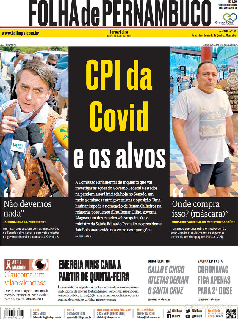 Capa Folha de Pernambuco Edição Terça 27 de Abril de 2021