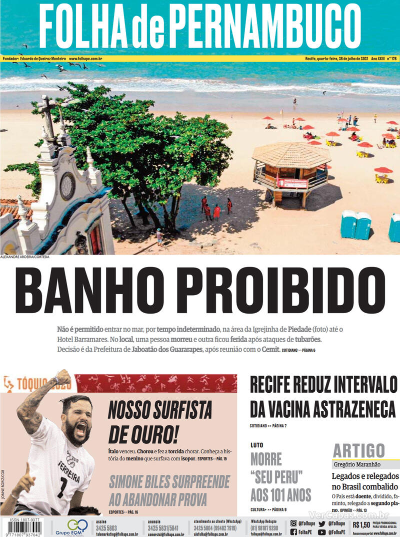 Capa Folha de Pernambuco Edição Quarta 28 de Julho de 2021