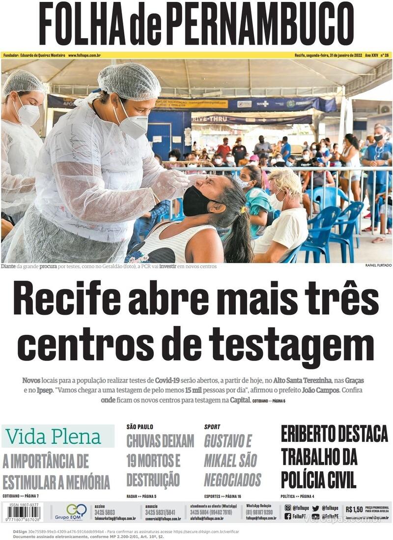 Capa Folha De Pernambuco Edi O Segunda De Janeiro De