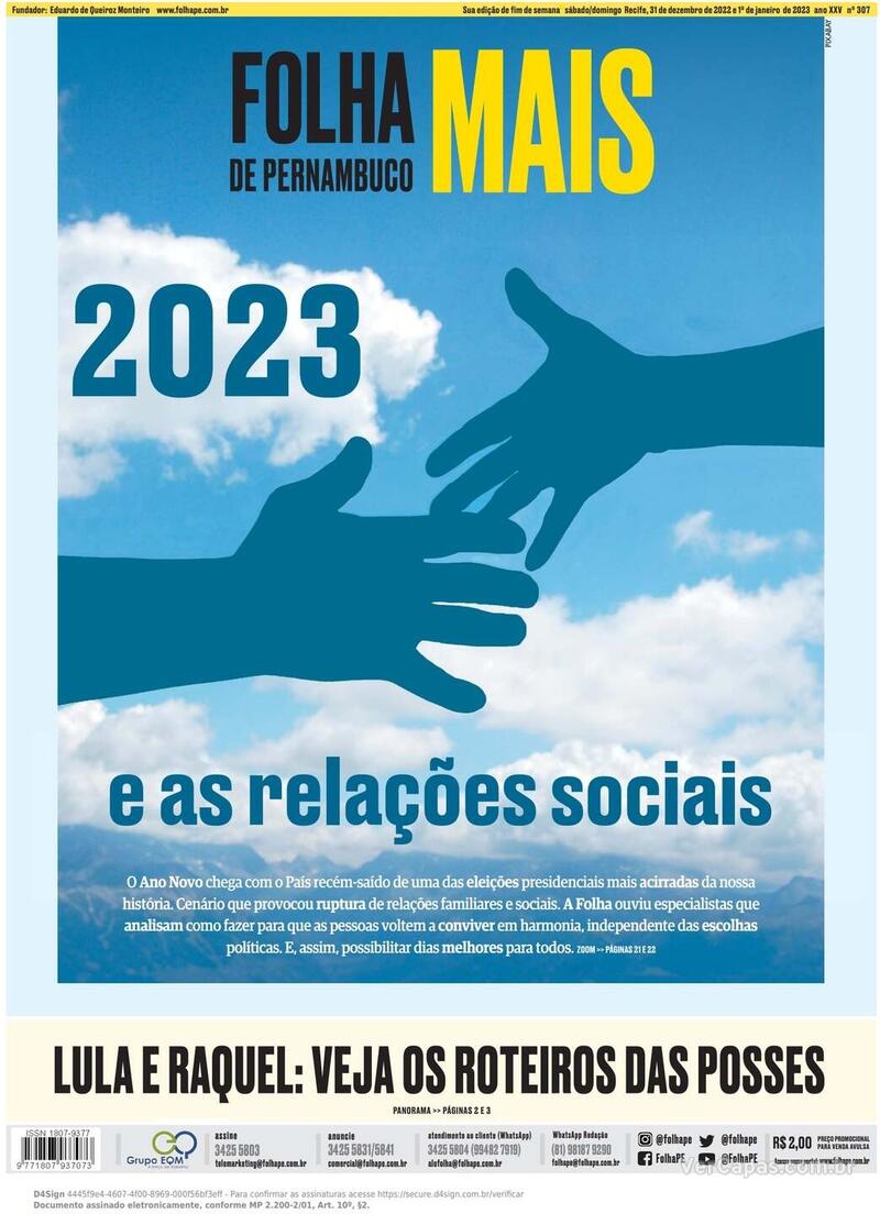 Capa Folha de Pernambuco Edição Sábado 31 de Dezembro de 2022