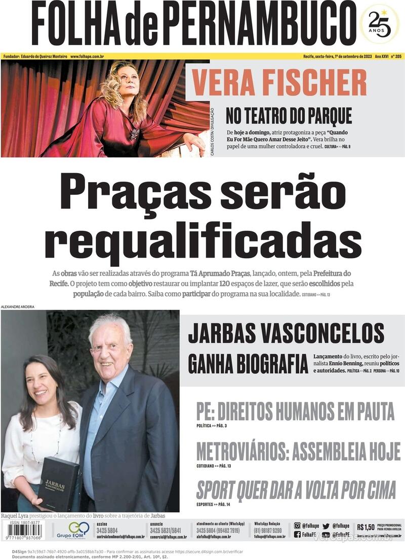 Capa Folha de Pernambuco Edição Sexta 1 de Setembro de 2023