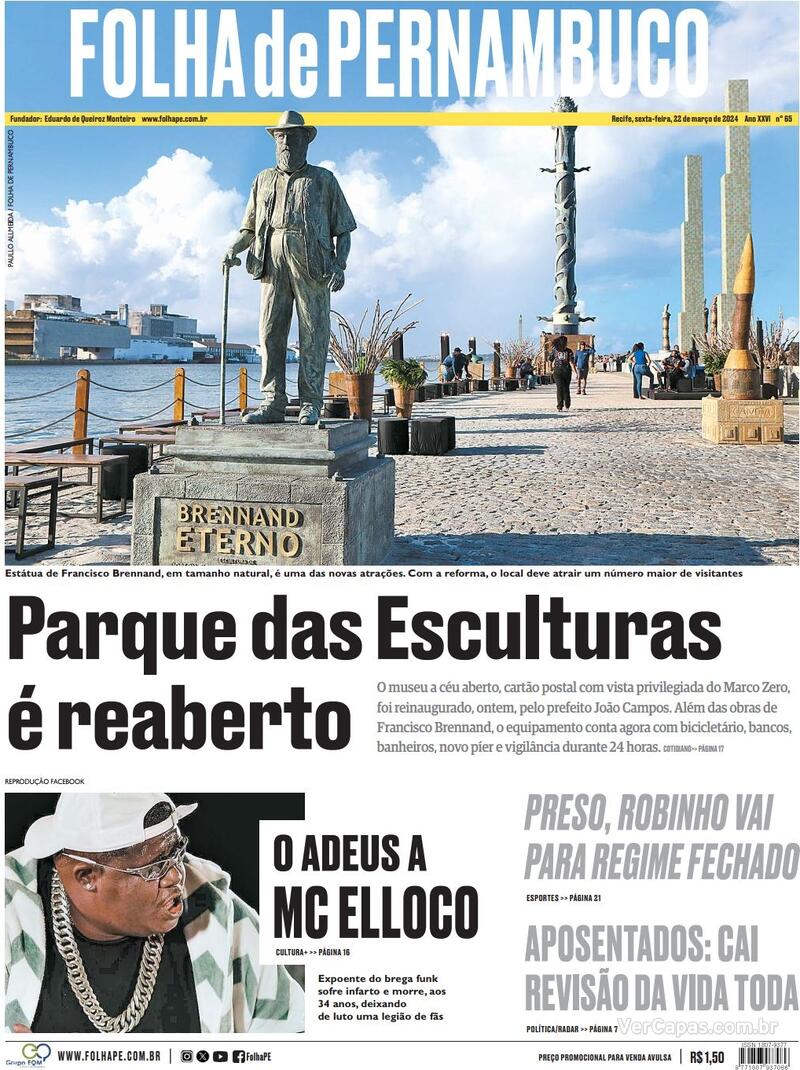 Capa Folha de Pernambuco Edição Sexta 22 de Março de 2024