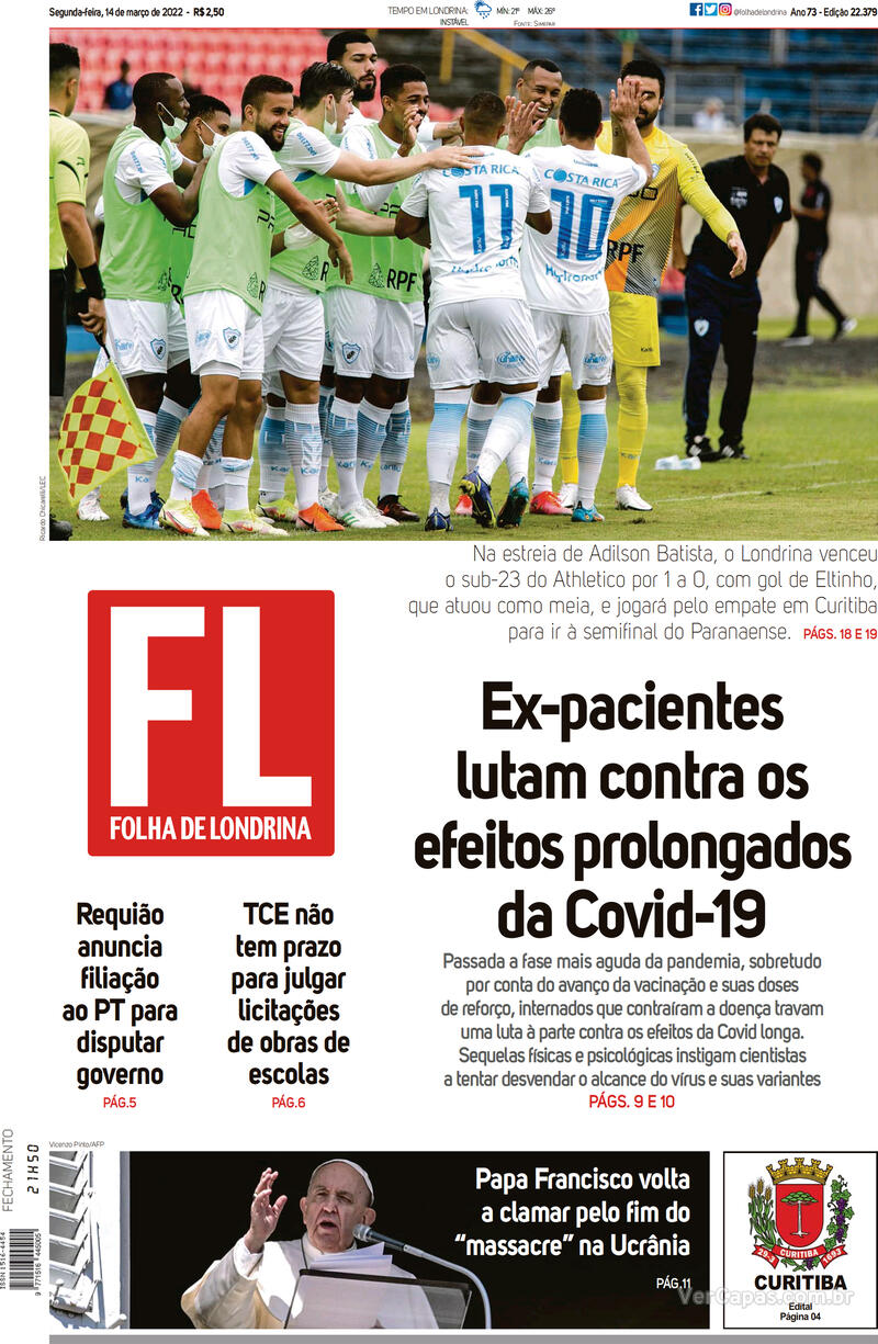 Capa Folha Londrina Edição Segunda 14 de Março de 2022