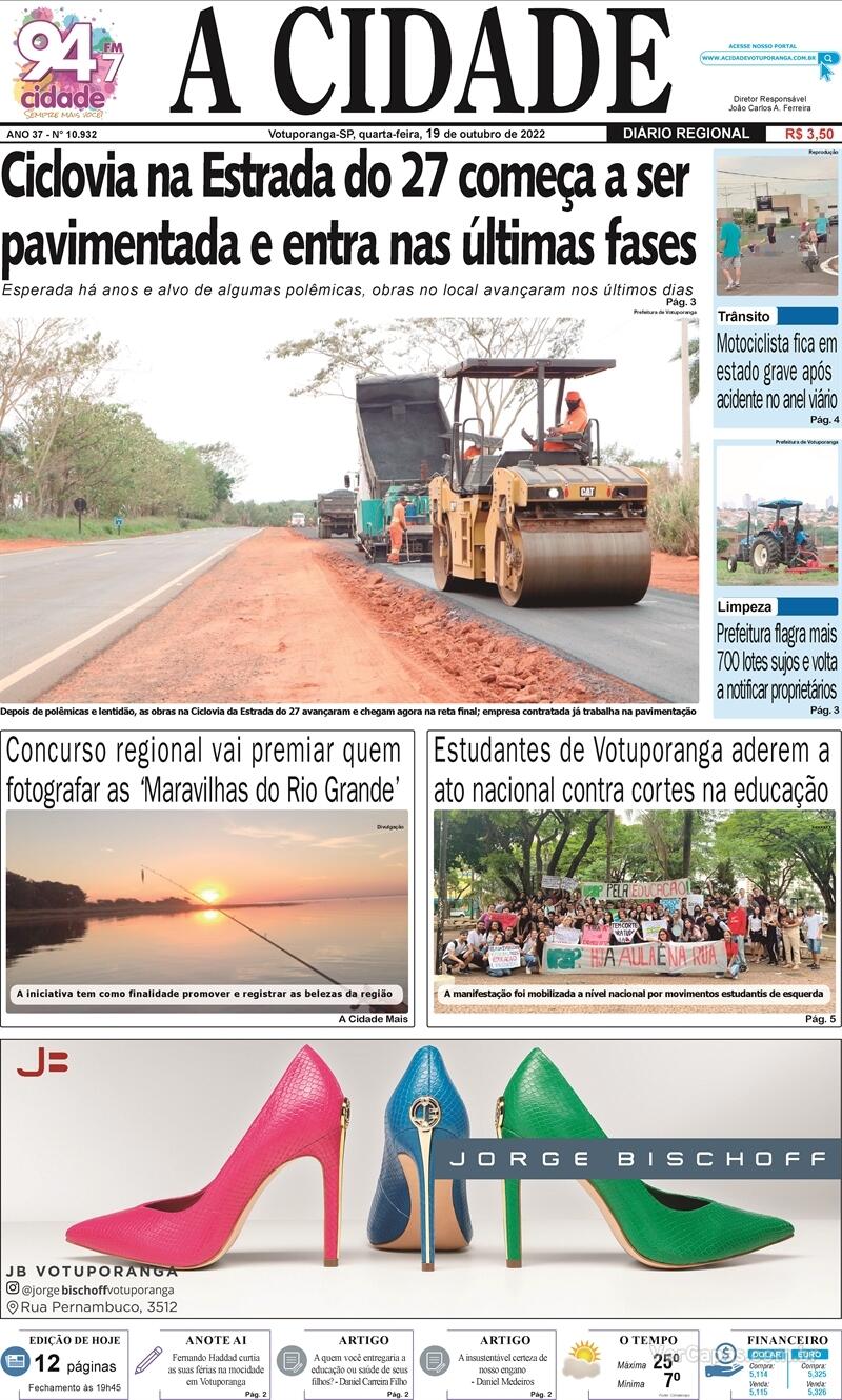 Capa Jornal A Cidade de Votuporanga Edição Quarta 19 de Outubro de 2022