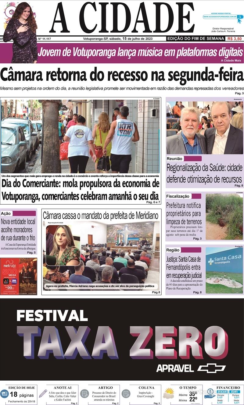 Capa Jornal A Cidade De Votuporanga Quinta 20 De Outubro De 2022