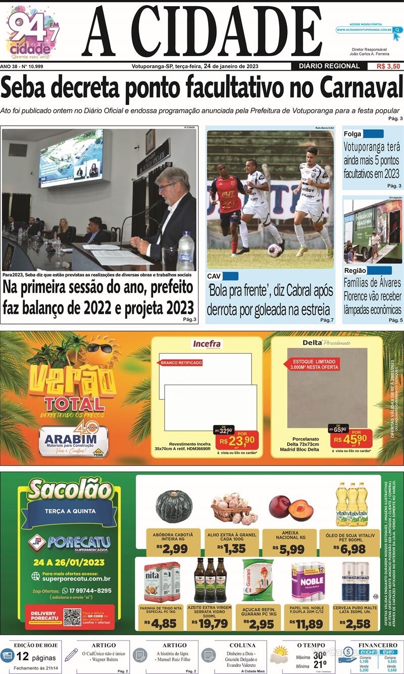 Capa Jornal A Cidade De Votuporanga Edi O Ter A De Janeiro De