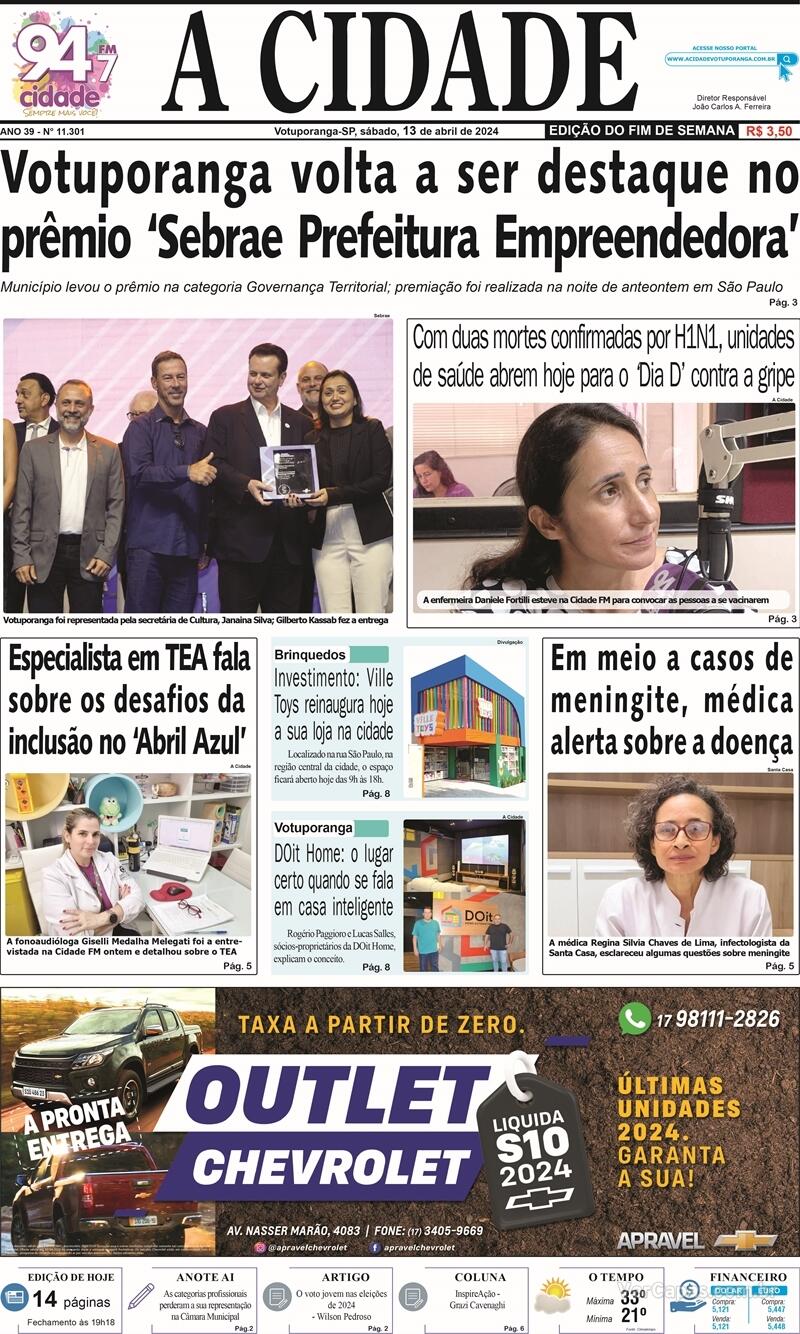 Capa Jornal A Cidade de Votuporanga Edição Sábado 13 de Abril de 2024