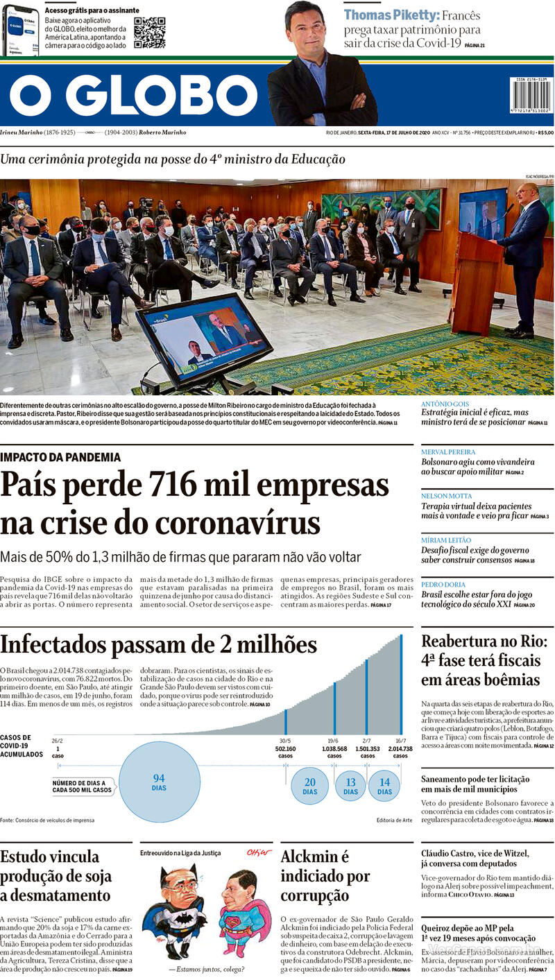 Capa O Globo Edição Sexta 17 de Julho de 2020