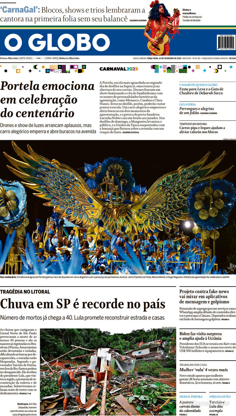 Capa O Globo Edição Terça 21 de Fevereiro de 2023