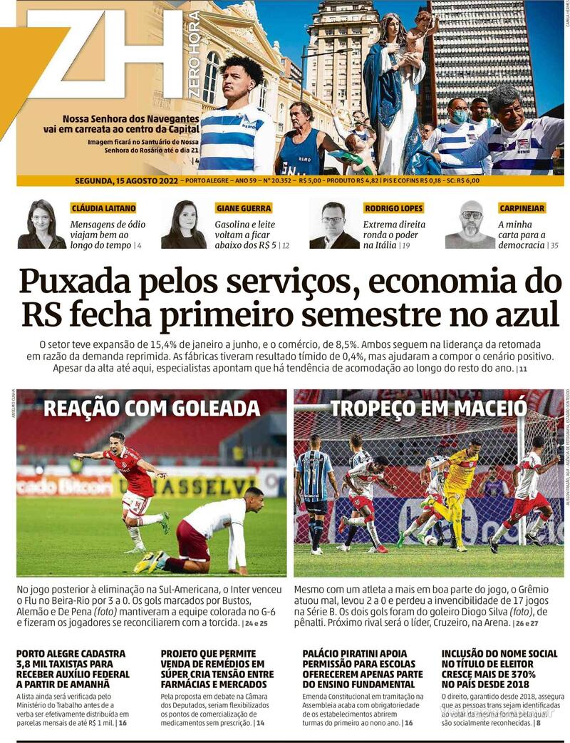 Capa Zero Hora Edição Segunda 15 de Agosto de 2022