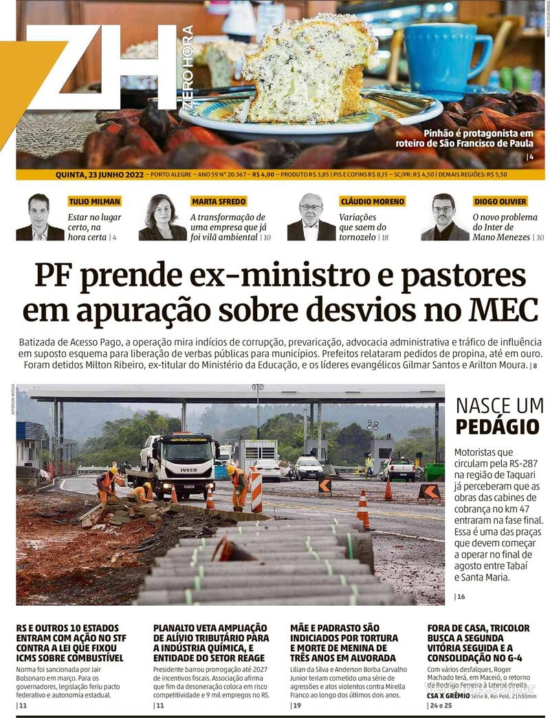 Capa Zero Hora Edição Quinta 23 de Junho de 2022