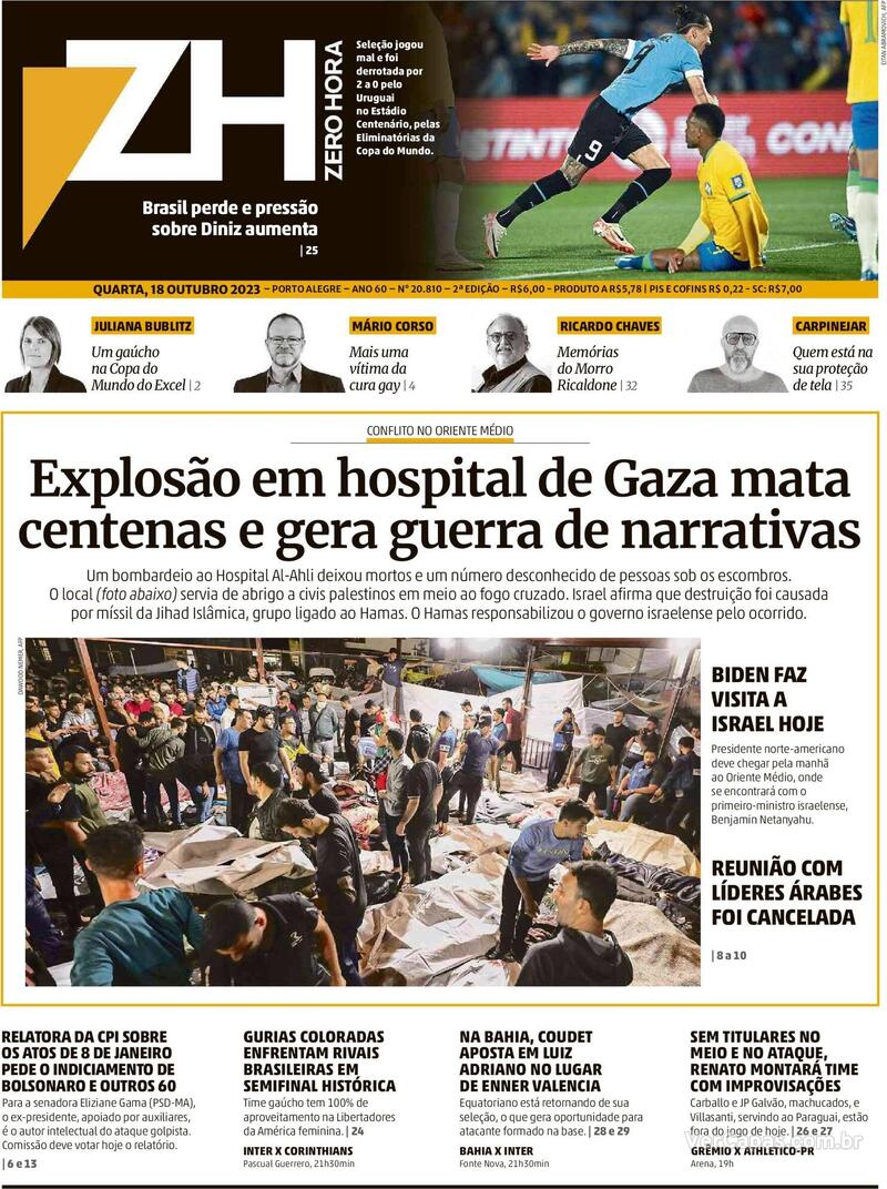 Capa Zero Hora Edição Quarta 18 de Outubro de 2023