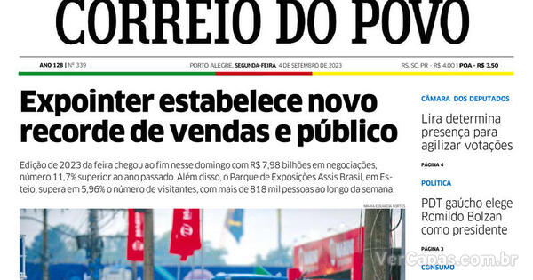 Capa Correio do Povo Edição Segunda 4 de Setembro de 2023