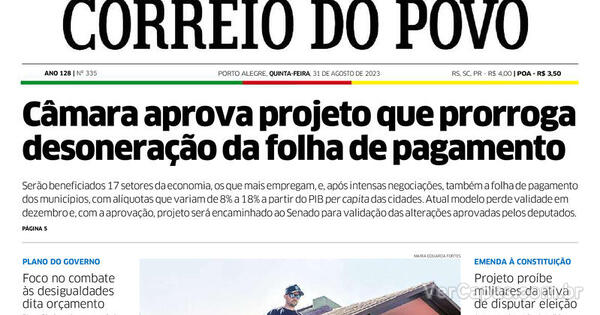 Capa Correio do Povo Edição Quinta 31 de Agosto de 2023