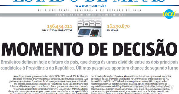 Capa Estado de Minas Edição Domingo 2 de Outubro de 2022