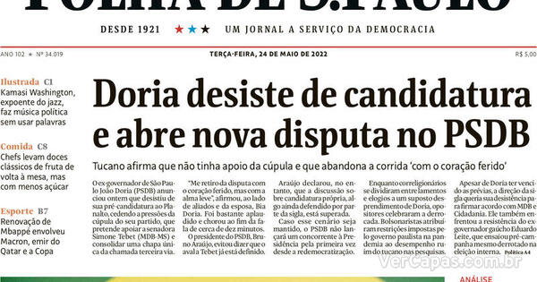 Capa Folha de S Paulo Edição Terça 24 de Maio de 2022