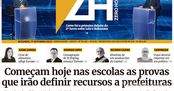 Capa Zero Hora Edição Segunda 17 de Outubro de 2022