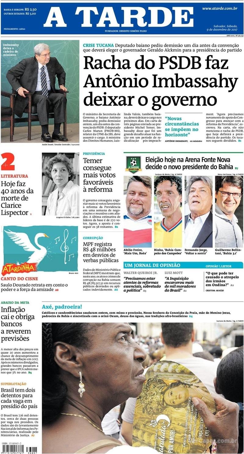 Capa do jornal A Tarde 09/12/2017