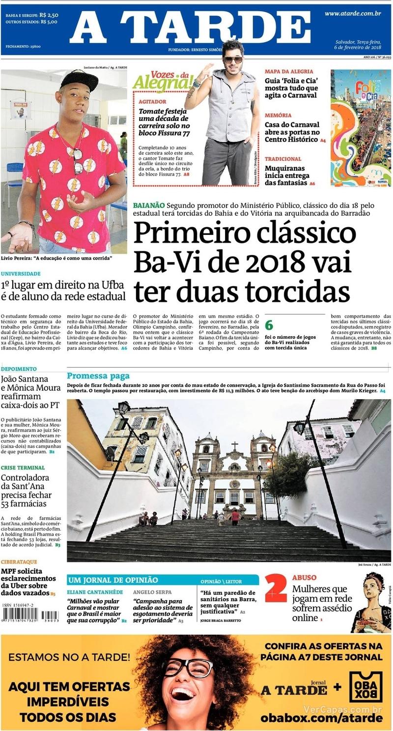 Capa do jornal A Tarde 06/02/2018