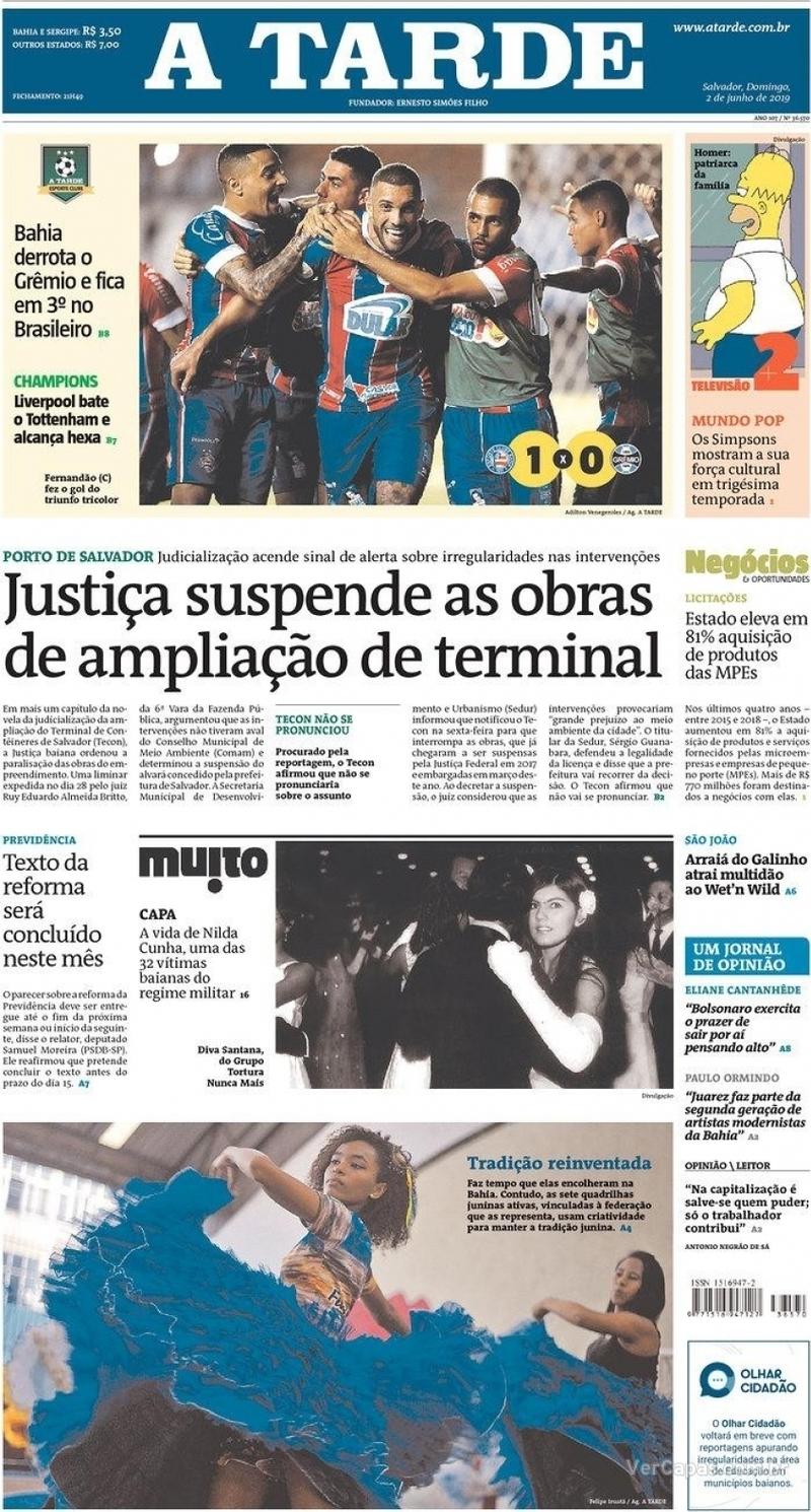 Capa jornal A Tarde 02/06/2019