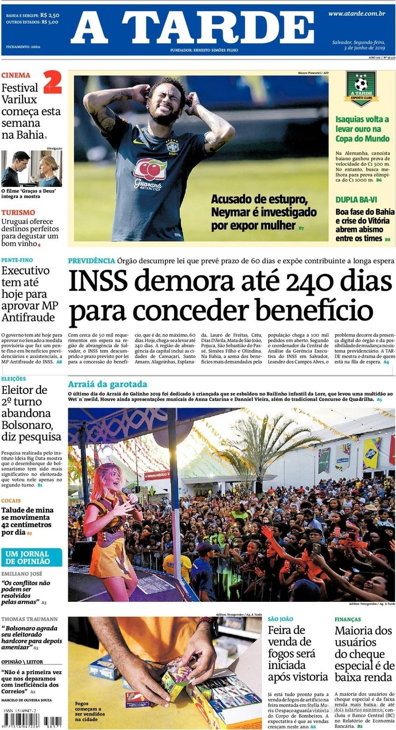 Capa jornal A Tarde 03/06/2019