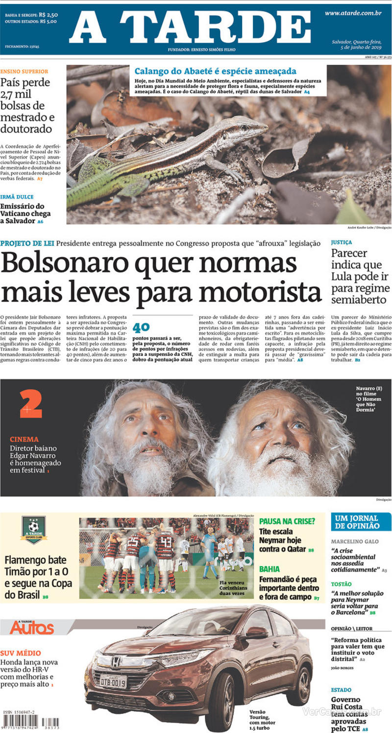 Capa jornal A Tarde 05/06/2019