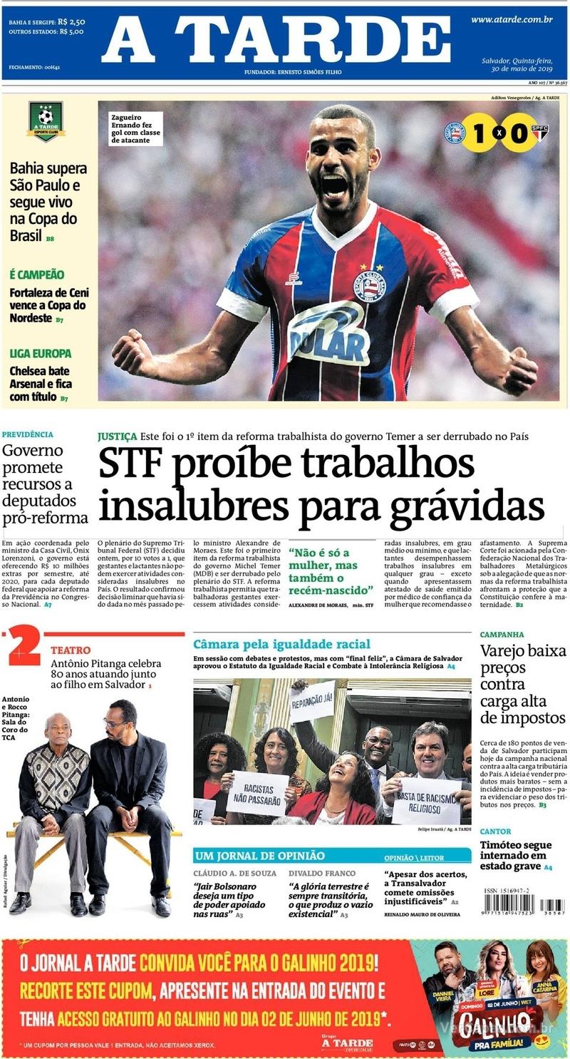 Capa jornal A Tarde 30/05/2019