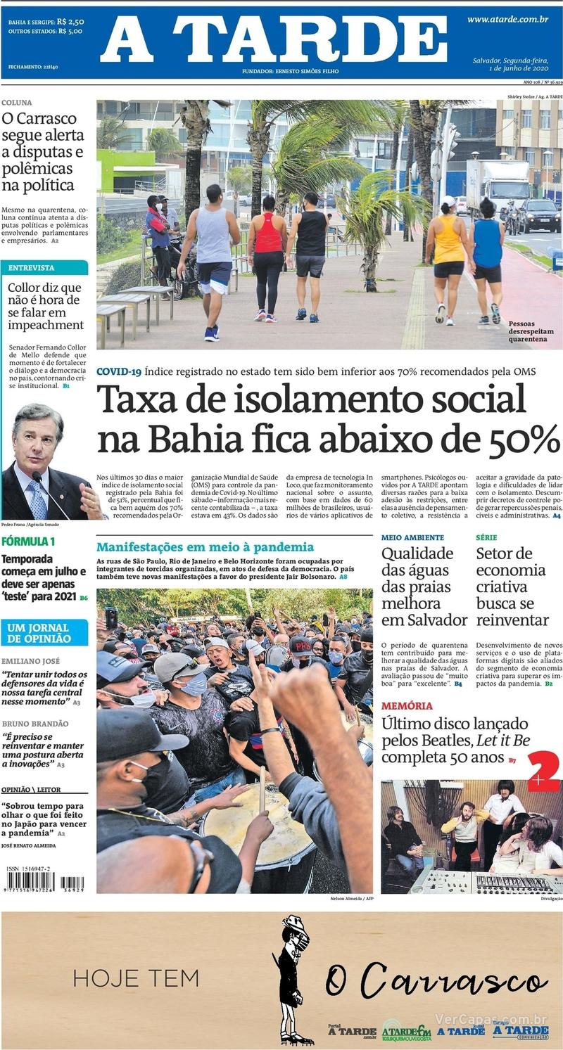 Capa do jornal A Tarde 01/06/2020
