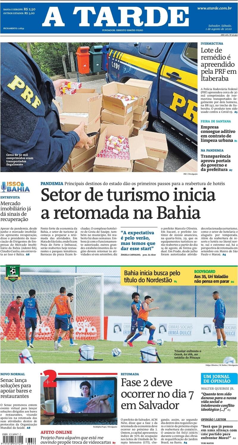 Capa do jornal A Tarde 01/08/2020