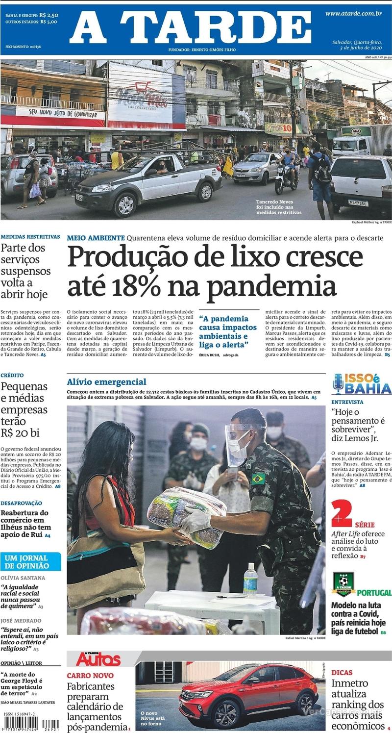 Capa do jornal A Tarde 03/06/2020