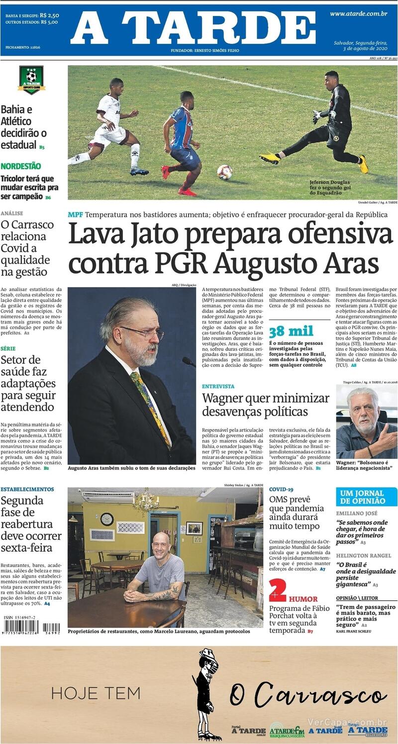 Capa do jornal A Tarde 03/08/2020