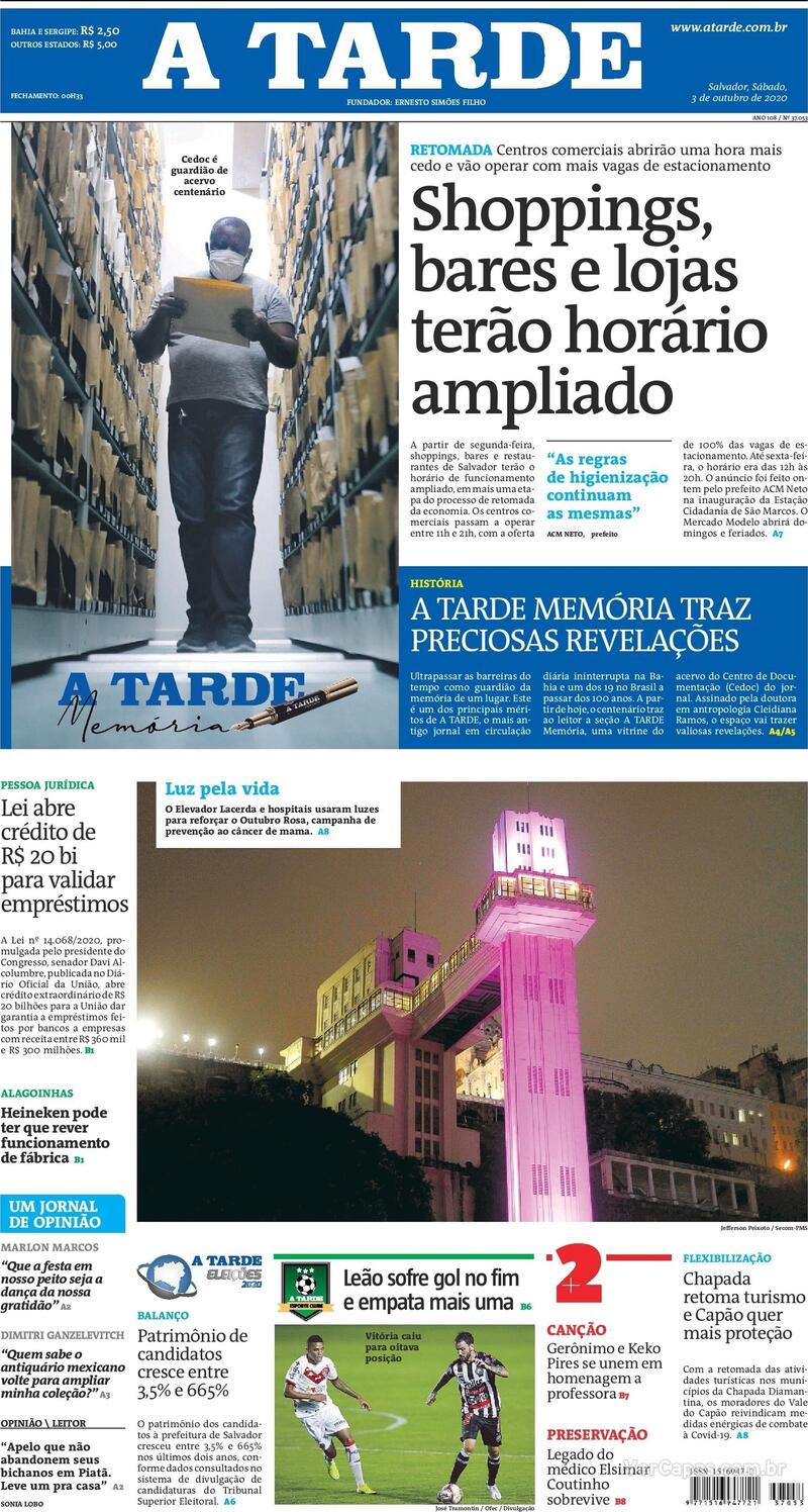 Capa do jornal A Tarde 03/10/2020