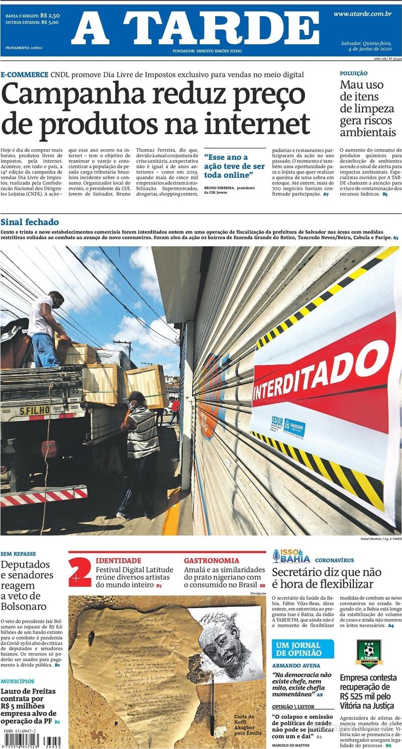Capa do jornal A Tarde 04/06/2020