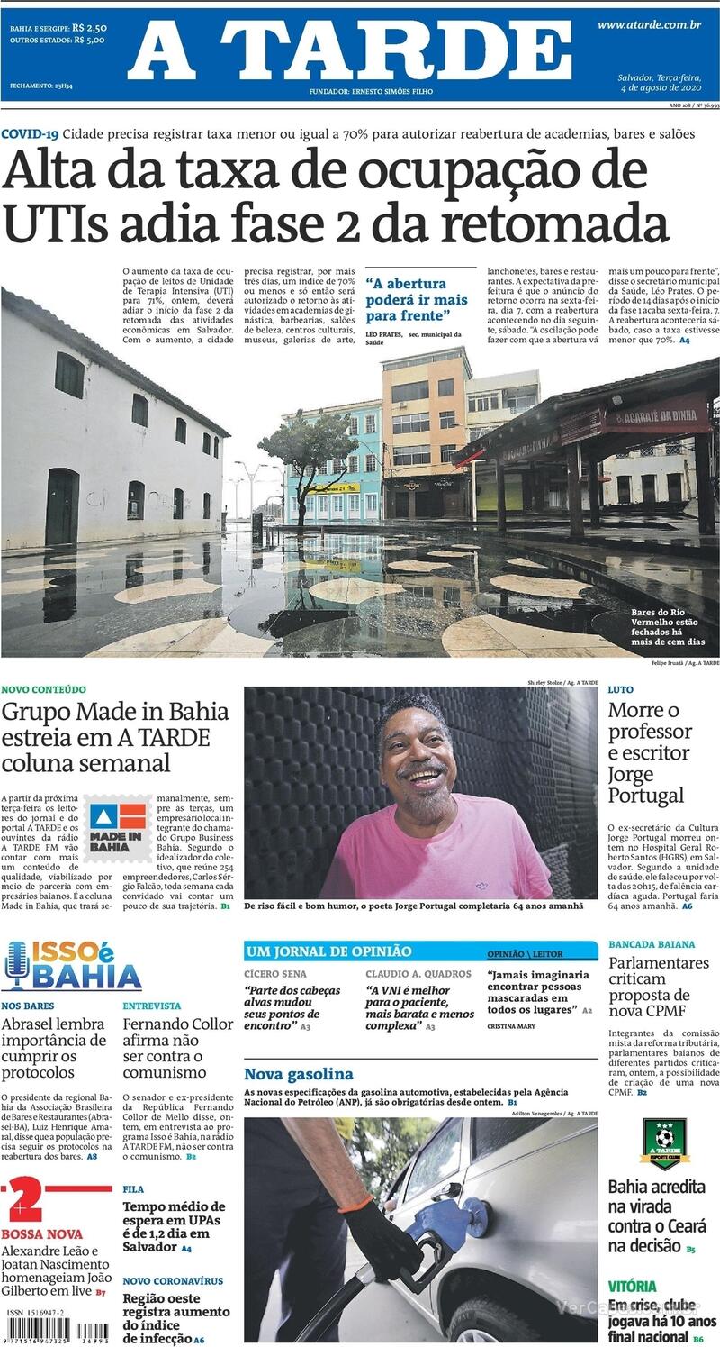 Capa do jornal A Tarde 04/08/2020