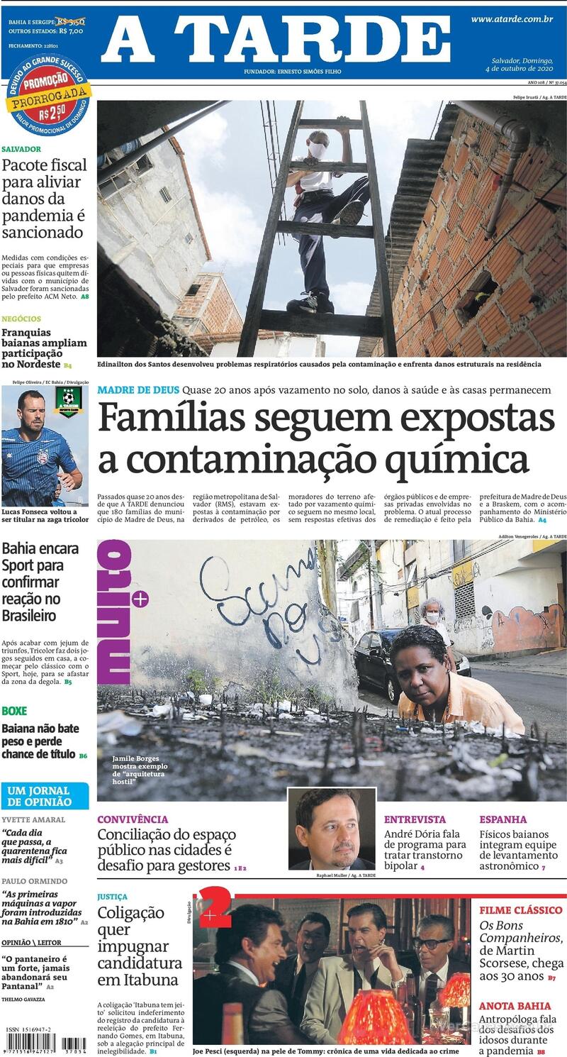 Capa do jornal A Tarde 04/10/2020